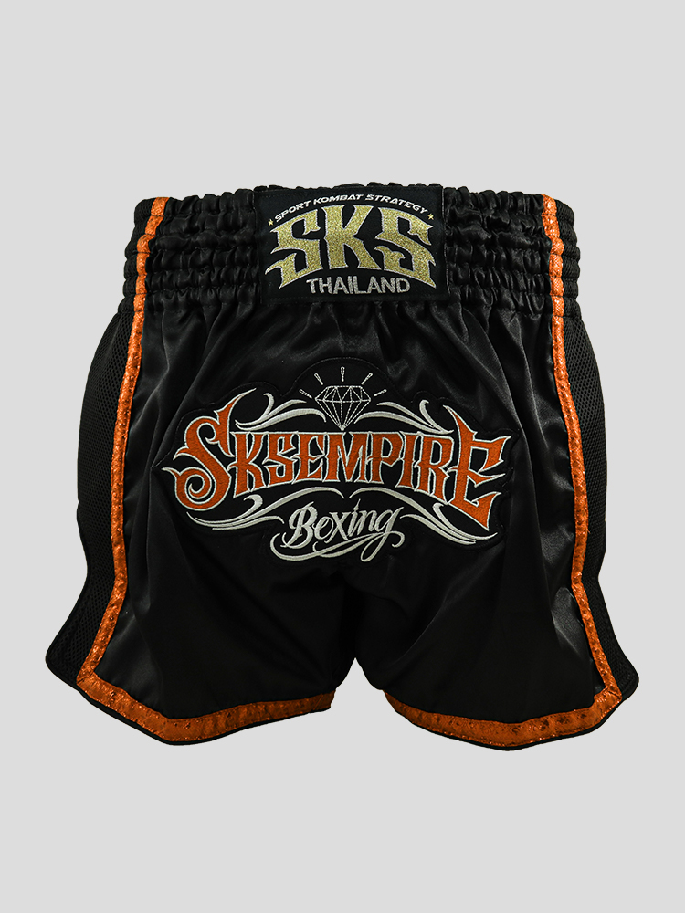 SKS Empire Retro Muaythai Thai Shorts (Thai Graphic Rim)-ORANGE SKS Empire Retro Muaythai Thai Shorts (Thai Graphic Rim)-ORANGE